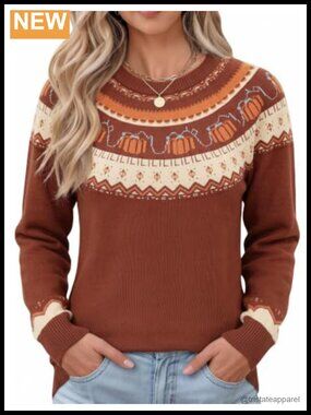 Womens Lightweight Fair Isle Sweater Raglan Sleeve Crew Neck Knitted Pullover